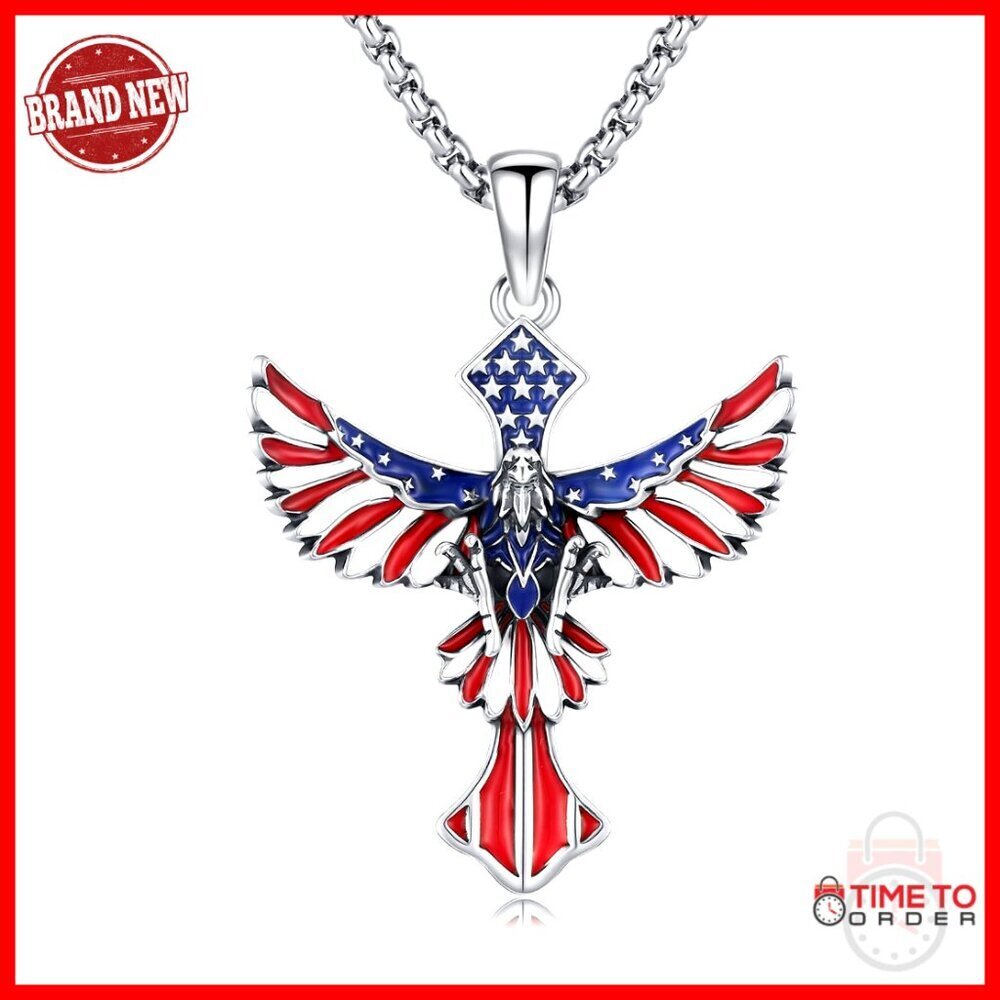 Sterling Silver Eagle Cross Necklace Patriotic Pendant 20 Inch Chain